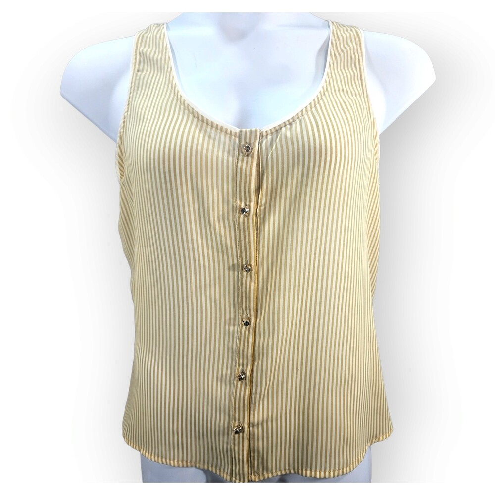 Chocolate USA Blouse Size Large Gold Cream Stripped Sheer Open Tulip Back Button